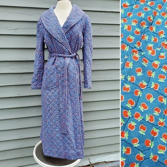 Vintage 70s Handmade Blue Red Apple Quilted Belted Housecoat Robe Trench Coat - Picture 1 of 6